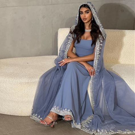 Dresses With Cape Sleeves, Beaded Wedding Dress Mermaid, Heavy Beaded Wedding Dress, Dubai Evening, Arabic Women, Custom Bridesmaid Dress, Floor Length Prom Dresses, Blue Mermaid, Evening Dresses Short