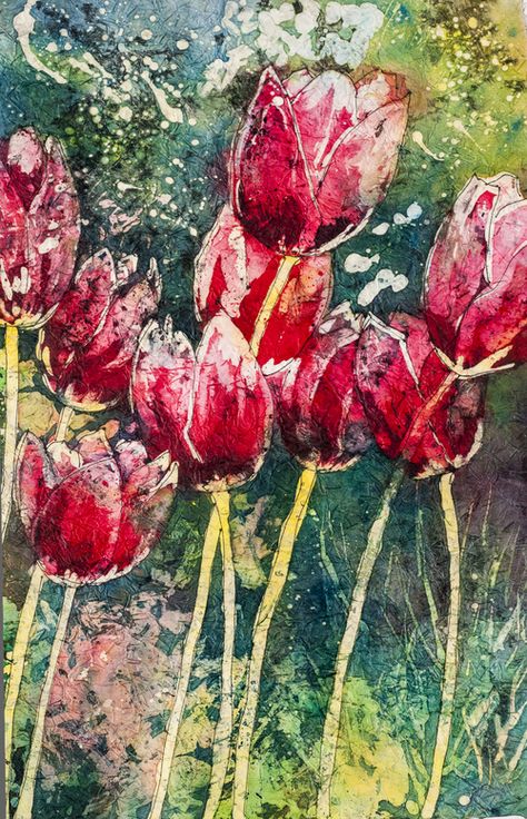 Linda Virio ~ Red Tulips, watercolor batik Batik Ideas, Acrylic Flower Painting, Wax Art, Watercolor Tulips, Batik Art, Japanese Rice, Paper Lovers, Wax Resist, Paper Place