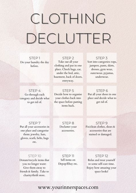 Follow along this 12 step guide to declutter and organize your clothing, shoes and accessories. Clothing declutter tips, clothing declutter checklist, clothing declutter guide, clothing declutter list, clothing declutter konmari, clothing decluttering, how to declutter clothing, clothing organization ideas, clothing organization tips, closet organization, wardrobe organization, clothing organization aesthetic, clothes organization small space, minimalist clothing wardrobe Decluttering Clothes Checklist, Organization Ideas For Wardrobe, Declutter Room Checklist, When To Throw Out Clothes, Clothes Sorting Closet Organization, Clothing Clean Out, Bedroom Declutter List, De Clutter Closet, How To Organize Womens Closet