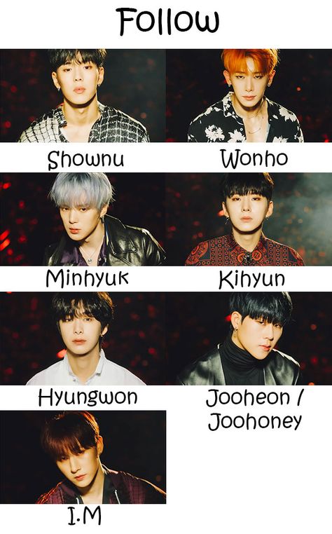 Monsta X Follow Who’s Who | KpopInfo114 Monsta X Members Names, Lee Joo Heon, Yoo Kihyun, Hyun Woo, Lee Minhyuk, Band Members, Monsta X Wonho, Group Pictures, Next Video