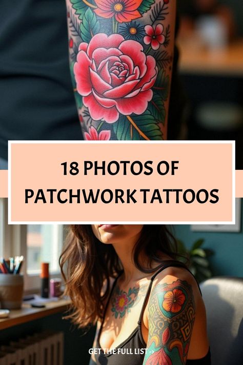 18 Photos of Patchwork Tattoos Victorian Inspired Tattoo, Square Tattoo Placement, Women's Tattoo Sleeve, Patchwork Sleeve Women, American Traditional Woman Tattoo, Traditional Sleeve Tattoo For Women, Paramore Tattoo Ideas, Girly Traditional Tattoo, Tattoo Studio Aesthetic