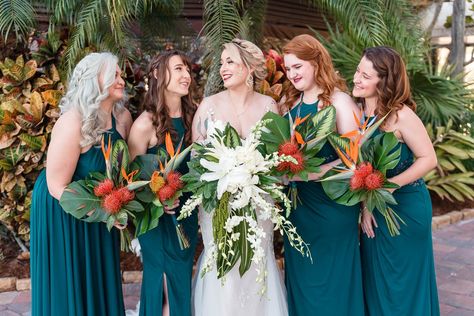 Bridesmaid with tropical wedding bouquet Orlando Wedding Blog, Orange Blossom Bride #orlandoweddings #paradisecove #realwedding #tropicalwedding Tropical Wedding Theme Bridesmaid Dresses, Tropical Glam Wedding Bridesmaid Dresses, Tropical Green Bridesmaid Dresses, Hawaiian Wedding Bridesmaid Dresses, Teal Tropical Wedding, Emerald Green Tropical Wedding, Hawaiian Bridesmaid Dresses, Tropical Wedding Bridesmaids, Tropical Wedding Theme Colors