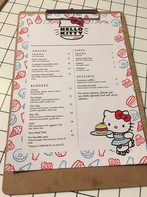 Food Menu Hello Kitty Diner Australia Hello Kitty Menu Design, Cute Menu Ideas Design, Menu Diy Ideas, Hello Kitty Cafe Party, Hello Kitty Food, Menu Aesthetic, Hello Kitty Restaurant, Hello Kitty Nail Polish, Cafe Hello Kitty