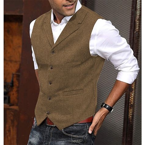 Fabric:Tweed; Gender:Men's; Style:Fashion,Casual; Fit Type:Tailored Fit; Vest Buttons:Single Breasted Five-buttons; Item Type:Vest; Pattern:Herringbone; Neckline:Notch; Listing Date:09/19/2023; Clothing Length:; Bust:; Shoulder Width: Brown Vest Men, Mens Wool Vest, Boy Prom Outfit, Victorian Jacket, Casual Punk, Chaleco Casual, Man Wedding, Mens Suit Vest, Waistcoat Dress