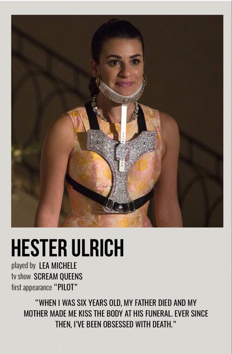 Hester Scream Queens, Hester Ulrich, Character Posters, Character Poster, Gossip Girls, Minimalist Posters, Movie Poster Wall, Scream Queens, Lea Michele