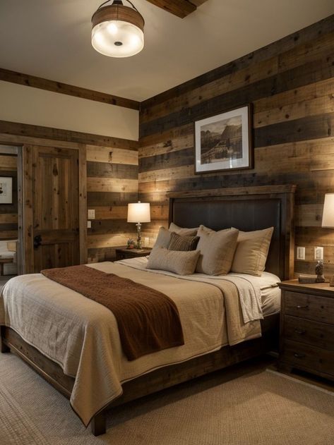 Wood Paneling Accent Wall, Paneling Accent Wall, Pantry Door Ideas, Home Bedroom Design, Country Bedroom Decor, Cabin Interior Design, Dorm Room Wall Decor, Western Rooms, Beautiful Bedroom Decor