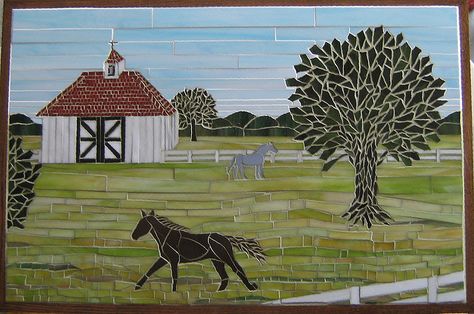 Horse Scene - Stained Glass Mosaic Wall Art, complete by MosaicSmith (Linda), via Flickr Kitchen Mosaic, Farm Scenes, Glass Theme, Ocala Florida, Craftsman Style House, Mosaic Flowers, Farm Scene, Mosaic Wall Art, Stained Glass Mosaic