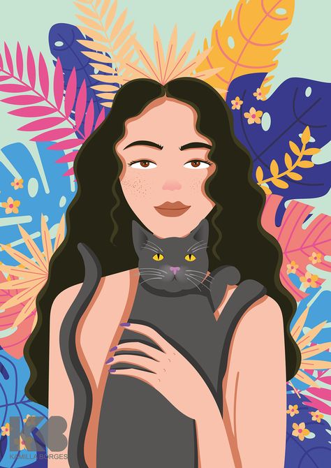 Girl with a Cat on Behance Woman And Cat Illustration, Cat Lady Illustration, Illustration Moodboard, Comic Pfp, Flowers Paintings, Inspiration Images, Garden Illustration, Sketchbook Art Journal, Bad Cats