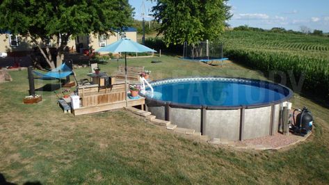 Above Ground Pool Deck Fence, Half Pool Deck Ideas, Pool Deck On Hillside, Hillside Pool Ideas, Doughboy Pool Ideas Deck Plans, Above Ground Pool Deck Ideas Sloped Yard, Above Ground Pool Hillside, Sloped Backyard Landscaping With Pool, Above Ground Pools On A Sloped Yard