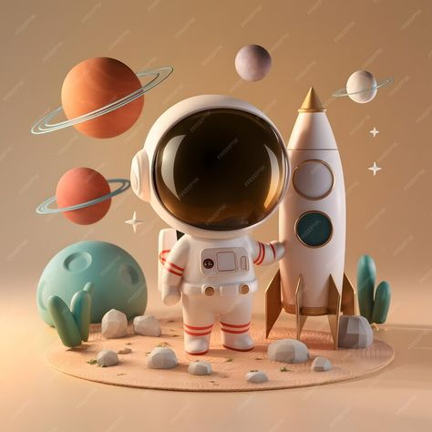 Premium Photo | 3D rendering C4D cartoon style white and beige colors A tiny astronaut stands next to the rocket Tiny Astronaut, 3d Concept, White And Beige, Cartoon Style, 3d Rendering, White Beige, Premium Photo, Beige Color, Cartoon Styles