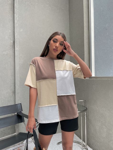 Multicolor Casual  Short Sleeve Polyester Colorblock  Embellished Slight Stretch Summer Women Tops, Blouses & Tee Patchwork Jeans Outfit, Color Block Tshirt, Reworked Clothes, Colour Blocking Fashion, Ripped Jeans Women, Color Blocking Outfits, Color Block Shirts, Future Clothes, Drop Shoulder Tee