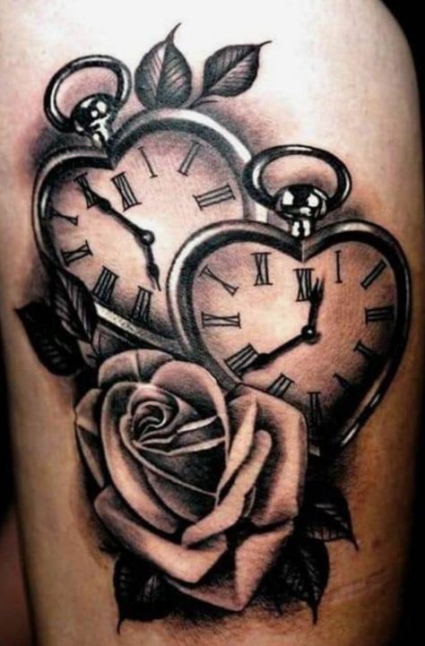 Heart Pocket Watch Tattoo, Tato Jam, Heart Pocket Watch, Pocket Watch Tattoo Design, Clock And Rose Tattoo, Watch Tattoo Design, Pocket Watch Tattoos, Watch Tattoo, Date Tattoos