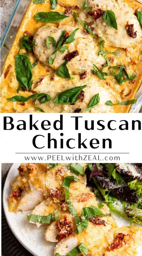 An easy Tuscan chicken that is baked in a cream sauce with sun-dried tomatoes, garlic, and basil, this chicken dinner. The perfect easy weeknight dinner recipe ready in 30 minutes. Baked Tuscan Chicken, Tuscan Chicken Recipe, Vegetarian Risotto, Creamy Parmesan Sauce, Parmesan Cream Sauce, Gluten Free Sides Dishes, Sundried Tomatoes, Weeknight Dinner Recipes Easy, Creamy Parmesan