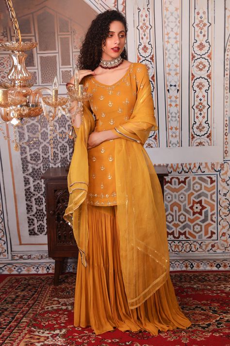 Buy Esha Koul Sequin Embellished Kurta Sharara Set Online | Aza Fashions Yellow Sharara, Gharara Pants, Kurta Sharara Set, Kurta Sharara, Pakistan Fashion, Contemporary Fabric, Sharara Set, Organza Dupatta, Designer Gowns