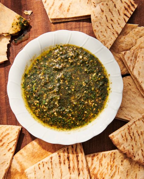 ​​﻿​﻿​Za’atar Dip Recipe | Saveur Sweet Potato Oven, Garlic Dip, Tamarind Chutney, Za Atar, Chicken Sweet Potato, Roasted Meat, Creamy Desserts, Natural Juices, Fries In The Oven