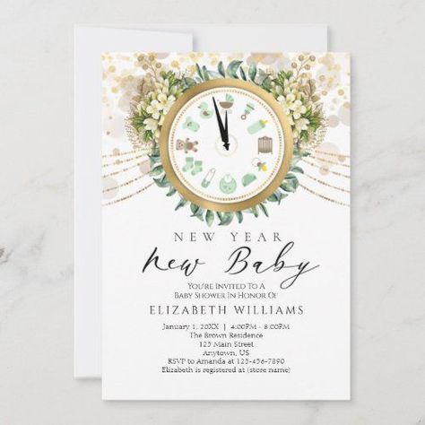 New Year New Baby Clock Baby Shower #fancyelegantandtrendy #watercolorfoliagefloralsandgreenery #newyearsbabyshower #genderneutralorunisex #newyearsdayoreve #clock #blackgoldandmintgreen #flowersandleaves New Years Eve Invitations, Mint Green Flowers, Gold Invitations, Totally Awesome, Gender Neutral Baby Shower, Invitation Sizes, Newborn Baby Gifts, New Years Eve Party, Diy Personalized