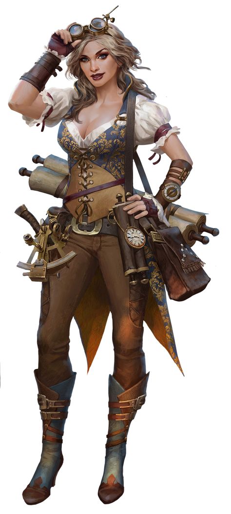 Dnd Charlatan, Tinkerer Character Design, Dnd Tinkerer, Inventor Rpg, Steampunk Tinkerer, Cartographer Character, Treasure Hunter Character Design, Fantasy Engineer, Steampunk Female Character