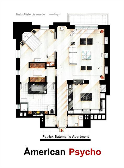 Patrick Bateman's apartment from AMERICAN PSYCHO by nikneuk Movie Apartments, Real Apartment, Apartment Floor Plans, Apartment Layout, Office Layout, Sims 4 Houses, Sims House, House Flooring, Furniture Fabric