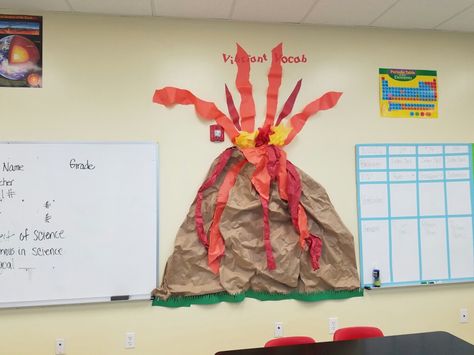 Volcano classroom decor first word wall Volcano Classroom Decoration, Diy Volcano Decoration, Volcano Decoration, Volcano Party, Collaborative Classroom, Hawaii Theme, Dinosaurs Preschool, Vbs 2023, Birthday Wall