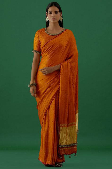 Featuring a orange bandhej saree in modal satin base with lagdi patta palu, ghungroo and jhumki embellishments. It is paired with a matching blouse.  FIT: True to size.  COMPOSITION: Modal satin.  CARE: Dry clean only Embellished Saree, Bandhej Saree, 5 Elements, Indian Fashion Designers, Pernia Pop Up Shop, Pop Up Shop, Saree Designs, Indian Fashion, Fashion Designer