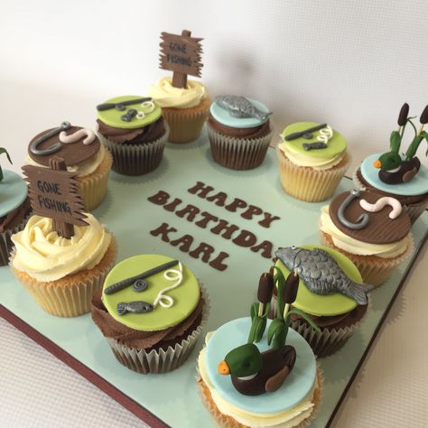 Fishing themed cupcakes....... Cupcake Fishing Theme, Cupcakes Fishing Theme, Fishing Theme Cupcakes, Fishing Birthday Cupcakes, Fishing Cupcakes For Men, Fishing Desserts, 60th Birthday Cupcakes, 40th Birthday Cupcakes, Fish Cake Birthday