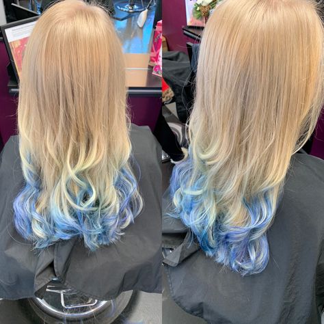 Blue Ends Hair Blonde, Blonde Hair With Blue Underneath, Blonde Hair With Blue Tips, Ice Blue Hair, Blue Tips Hair, Dyed Ends Of Hair, Natural Blonde Color, Blonde And Blue Hair, Baby Blue Hair