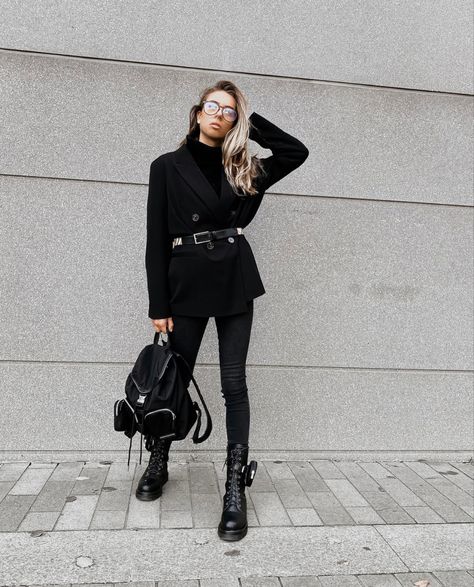 Fashion Outfit, All black Outfit, Prada, Blazer, Combat boots, Burberry Outfits With Prada Boots, Black Prada Boots Outfit, Blazer And Combat Boots Outfit, Prada Monolith Boots Outfit, Prada Combat Boots Outfit, Prada Boots Outfit, Combat Boots Outfit For Women, Prada Monolith Boots, Prada Combat Boots