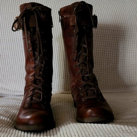 No Boxs It Was Torn Apart During Delivery. Leather And Leather Swade Zipper On Side. Lace Up In Front. Buckles At The Top Side Of Boots. I Only Tired On For About An Hour. They We're To Small For Me I Needed A Wide Boot. Adventure Boots Women, Seven League Boots, Jika Tabi Boots, Timberlands Boots Women, Fantasy Shoes Boots, Medieval Shoes Women, Brown Boots Aesthetic, Apocalypse Boots, Goblincore Boots