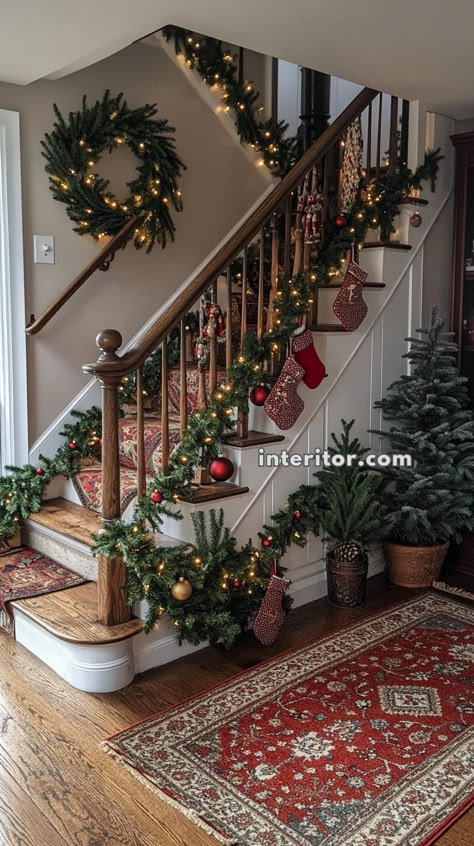 Budget-Friendly Ways to Decorate a Tiny Home for Christmas Short Staircase Christmas Decor, Stairs Decorated For Christmas, Christmas Stair Banister Decor, Christmas Decor Banister, Decorating A Staircase For Christmas, Christmas Stair Railing Decor, How To Decorate Stairs For Christmas, Christmas Railing Decor Indoor, British Christmas Decorations