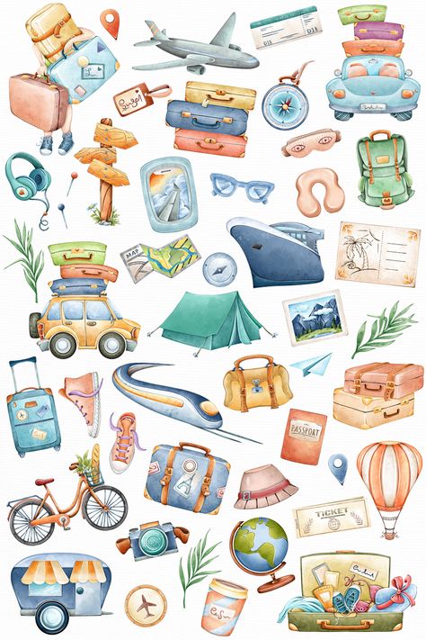 Travel Stickers Printable, Trip Illustration, Vacation Stickers, Vacation Clipart, Travel Png, Travel Elements, Watercolor Travel, Travel Clipart, Beach Clipart