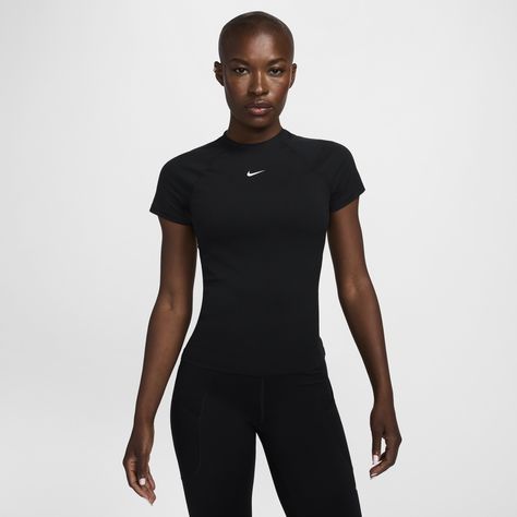 Ready to turn up the heat on your workout? Reach for this fitted short-sleeve top. Lightweight and stretchy, the smooth fabric dries quickly and works with you through every move. Mesh panels under the arms let moisture escape so that finishing strong is no sweat. Nike Compression Shirt, Workout Journey, Nike Compression, Nike Pro Women, Confident Style, Compression Shirt, Birthday Wishlist, Women Lifestyle, Running Shirts