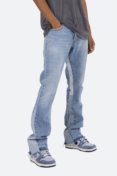 B221 Flare Denim — Blue Mnml Jeans Outfit, Flared Jeans Outfit Men, Flair Jeans Outfit, Mnml Jeans, Baggy Jeans For Men, Flare Jean Outfit, Stacked Denim, Custom Jeans Diy, Denim Baggy Jeans