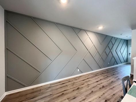 Entry Wall Molding Ideas, Wood Accent Wall With Led Lights, Boardroom Accent Wall, Large Wall Paneling Ideas, Large Foyer Ideas Entryway Modern Luxury, Modern Trim Accent Wall, Large Entry Wall Decor Ideas, Large Accent Wall Living Room, Foyer Accent Wall Entryway