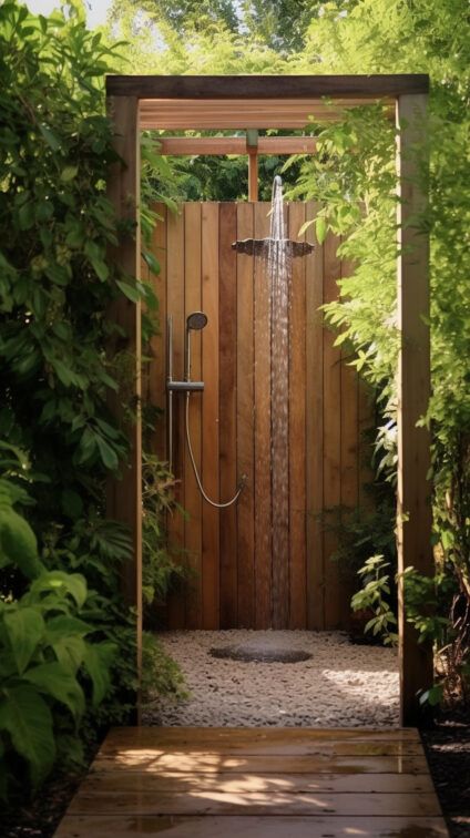 Exterior Bathroom Ideas, Summer House Exterior Ideas, Outside Spa Ideas Backyards, Outdoor Shower Shed, Outdoor Bath And Sauna, Outdoor Sauna Shower Ideas, Outdoor Shower Cabin, Outdoor Shower Garden, Outdoor Shower Rustic