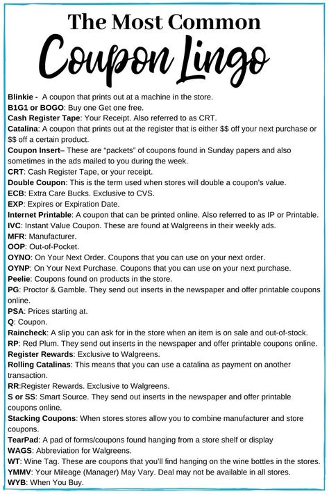 Coupon Lingo Cheat Sheet - Learning coupon lingo is so important if you are learning how to coupon. This coupon lingo cheat sheet makes it easy to understand coupons. ​This couponing guide has everything you need to get started. It tells you how to get coupons, how to use coupons, where to find coupons, how to organize coupons and much more! #wheretofindcoupons #howtogetcoupons #manufacturercoupons #usingcouponstosave #howtocoupon #classcoupons #couponingtips #howtoorganizecoupons Coupon Hacks, How To Start Couponing, How To Coupon, Savings Ideas, Couponing 101, Couponing For Beginners, Manufacturer Coupons, Money Saving Strategies, Extreme Couponing