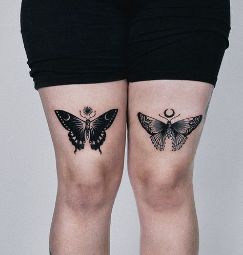 Butterfly Tattoo Placement Ideas Leg, Moth Under Knee Tattoo, Moth Tattoo Blackwork, Moth Cover Up Tattoo, Traditional Moth Tattoo Black, Moth Shin Tattoo, Moth Tattoo Above Knee, Moth Elbow Tattoo, Moth Thigh Tattoo