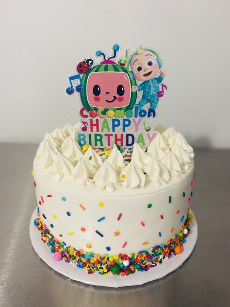 Girly Coco Melon Party, Cocomelon Cake 3rd Birthday, Homemade Cocomelon Cake, Cocomelon Cake Easy, Cocomelon Second Birthday Ideas, Small Cocomelon Cake, Cocomelon Pastel Cake, Cocomelon Birthday Food, Buttercream Cocomelon Cake