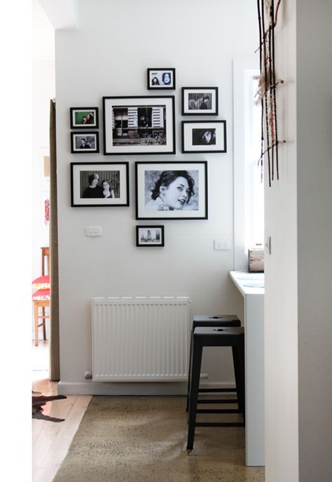 I really like the configuration of these pictures. Novogratz Design, White Hallway, Small Gallery Wall, Picture Arrangements, Holly House, Photo Arrangement, House Family, Melbourne House, Gallery Walls