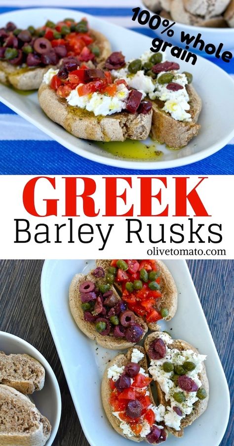 Authentic Greek Barley Rusk recipe. 100% whole grain, a #Mediterraneandiet staple. #vegan Perfect for Greek style bruschetta #greekfood #crete Dakos Recipe, Greek Sides, Eating Mediterranean, Mediterranean Bread, Olive Tomato, Rusk Recipe, Mediterranean Cooking, Mediterranean Meals, Mediterranean Diet Meal Plan