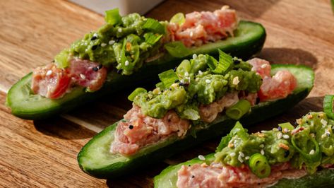 Cucumber Sushi Boats - Shred Happens Cucumber Sushi Boat, Cucumber Sushi Boats, Sushi Boats, Frozen Salmon Recipe, Shred Happens, Mediterranean Cucumber Salad, High Protein Snack Recipes, High Protein Low Carb Snacks, Cucumber Sushi