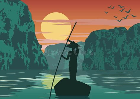 Man row boat to go to come back home by pass Ha long bay famous landmark of Vietnam ,vintage color vector illustration Vietnam Art Design, Vietnam Landscape, Sailor Illustration, Urdu Worksheets, Chinese Boat, Vietnam Painting, Drawing Sunset, Vietnam Tattoo, Boat Tattoo