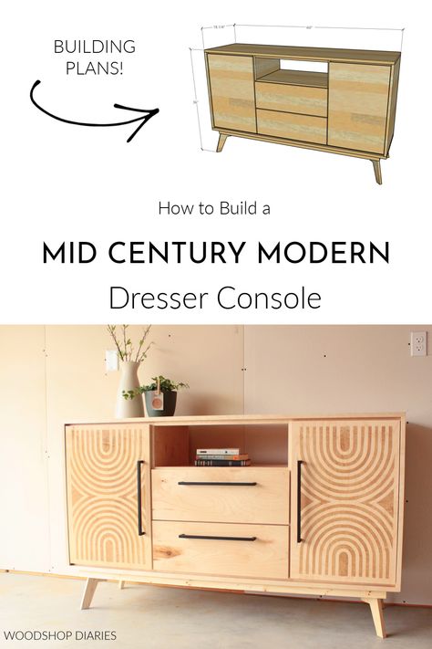 Mid Century Modern Dresser Diy, Midcentury Modern Furniture Diy, Build Your Own Credenza, Diy Mid Century Modern Sideboard, Build A Media Console, Diy Sideboard With Drawers, Mcm Diy Furniture, Diy Wood Tv Console, Diy Mid Century Modern Furniture Plans