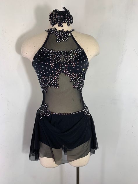 Contemporary Acro Dance Costumes, Halter Neck Dance Costume, Black Lyrical Costume, Dance Competition Costumes Jazz, Black Lyrical Dance Costumes, Black Contemporary Dance Costume, Dance Costume Design, Dance Costume Contemporary, Black Dance Costumes