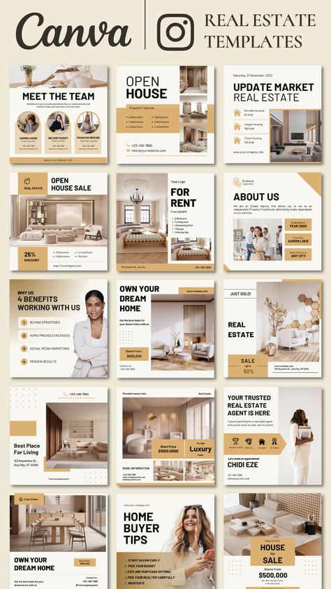 Real Estate Infographic Design, Moodboard Real Estate, Real Estate Templates Marketing, Real Estate Agent Templates, Digital Marketing Real Estate, Best Real Estate Marketing Ideas, Real Estate Marketing Templates, Real Estate Template Design, Canva Real Estate Templates