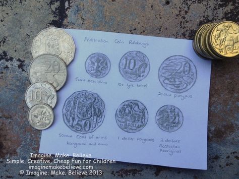 Coin Rubbings, Australian coins, frottage, Australian animals, 5c, 10c, 20c, 50c, $1, $2, pencil rubbing - Doing this when I was a kid! Coin Rubbing, Jesus Miracles, Australian Money, Coin Crafts, Creative Art Activities, Money Activities, Legacy Projects, Money Math, Money Lessons