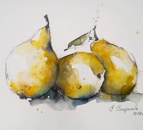 Pears In Watercolor, Pear Watercolor Painting, Watercolor Pears, Pear Watercolor, Pear Drawing, Watercolor Fruits, Vegetable Drawing, Pear Art, Watercolor Food