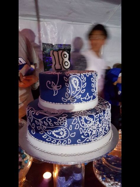 Crips cake made to suit our theme Crip Gang Cakes, Crip Gang Birthday Cake, Blue Bandana Cake, Homies Birthday Theme, Oldies Quinceanera Theme, Cholo Party Decorations, Alcohol Birthday Cake, Hip Hop Birthday Party, 15th Birthday Cakes