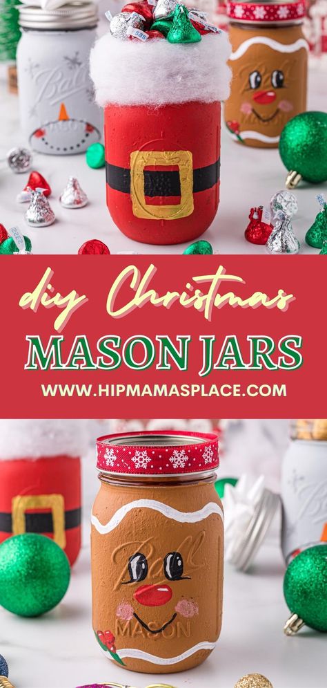 These cute painted Christmas Mason Jars are so fun to make perfect as a holiday decor, for your homemade sweet treats and more! #masonjars #masonjarcrafts #Christmascrafts #crafts #diy #diyblog #craftblog #craftblogger Christmas Diy With Mason Jars, Gingerbread Jar Decoration, Christmas Jars Crafts, Mason Jar Crafts Christmas Gifts, Xmas Mason Jar Crafts Diy Christmas, Gingerbread Mason Jar, Painted Mason Jars Diy Christmas, Santa Mason Jars, Painted Christmas Jars Diy