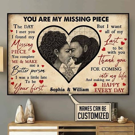 Black Couple You Are My Missing Piece The Day I Met You I Have Found My Missing Piece You Complete Me And Make Me A Better Person poster canvas => Order now: https://bit.ly/3sXxnWi => Homepage: http://bit.ly/2MnYFVz #BlackCouple #YouAreMyMissingPiece #TheDayIMetYouIHaveFoundMyMissingPieceYouCompleteMeAndMakeMeABetterPerson #poster #canvas #coastapperal #dabestdoor #tshirts #tshirt #fashion #tshirtdesign #customshirts #tshirtshop #tshirtstore #tshirtslovers Couple Canvas, Love Texts For Him, Love Is Cartoon, Couples Poster, Romantic Quotes For Her, Couples Canvas, Cute Good Night, You Complete Me, Love Husband Quotes