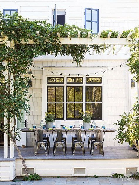 White Farmhouse Pergola via BHG Exterior Finishes, Backyard Getaway, Farmhouse Exterior Design, Homes Ideas, Patio Pergola, Pergola Design, Rental House, Design Palette, Patio Backyard